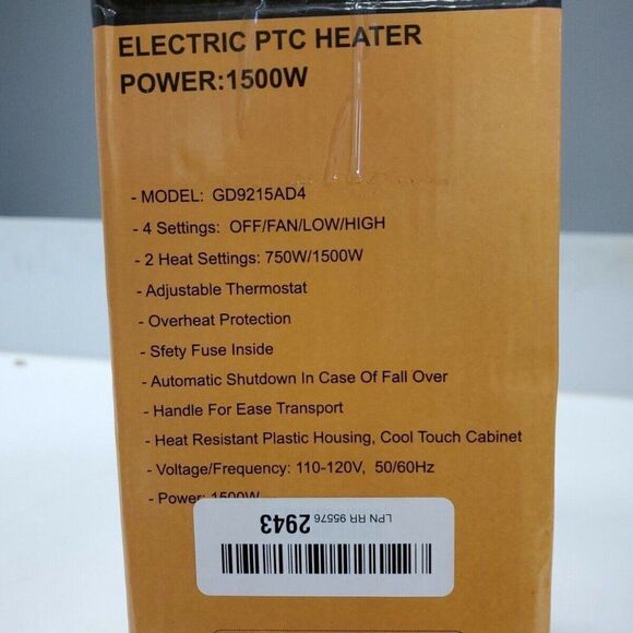Space Heater GD9215AD4 Electric Ptc Heater With Handle 1500W White & Black Cf87 - Picture 6 of 7